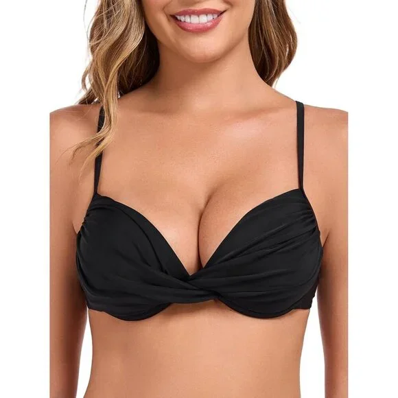Women's Black Push Up Bikini Tops Ruched Twist Front Underwear Top Swimsuit - Picture 9 of 9